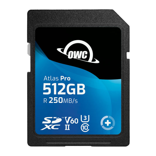 OWC Atlas Pro SDXC UHS-II V60 - 512GB, high-speed memory card for 4K photo and video capture, reliable and economical.