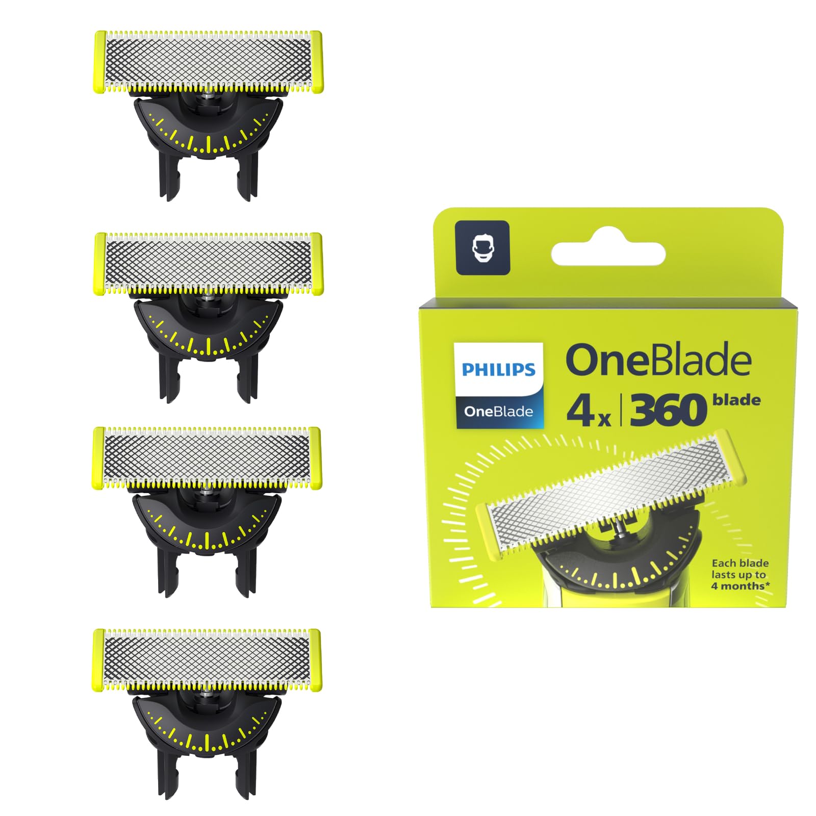 Philips OneBlade Original 360-as asmeņi, piemēroti visiem OneBlade un Pro modeļiem, oriģināls no Philips, 4 gab. iepakojums (modelis QP440/50)