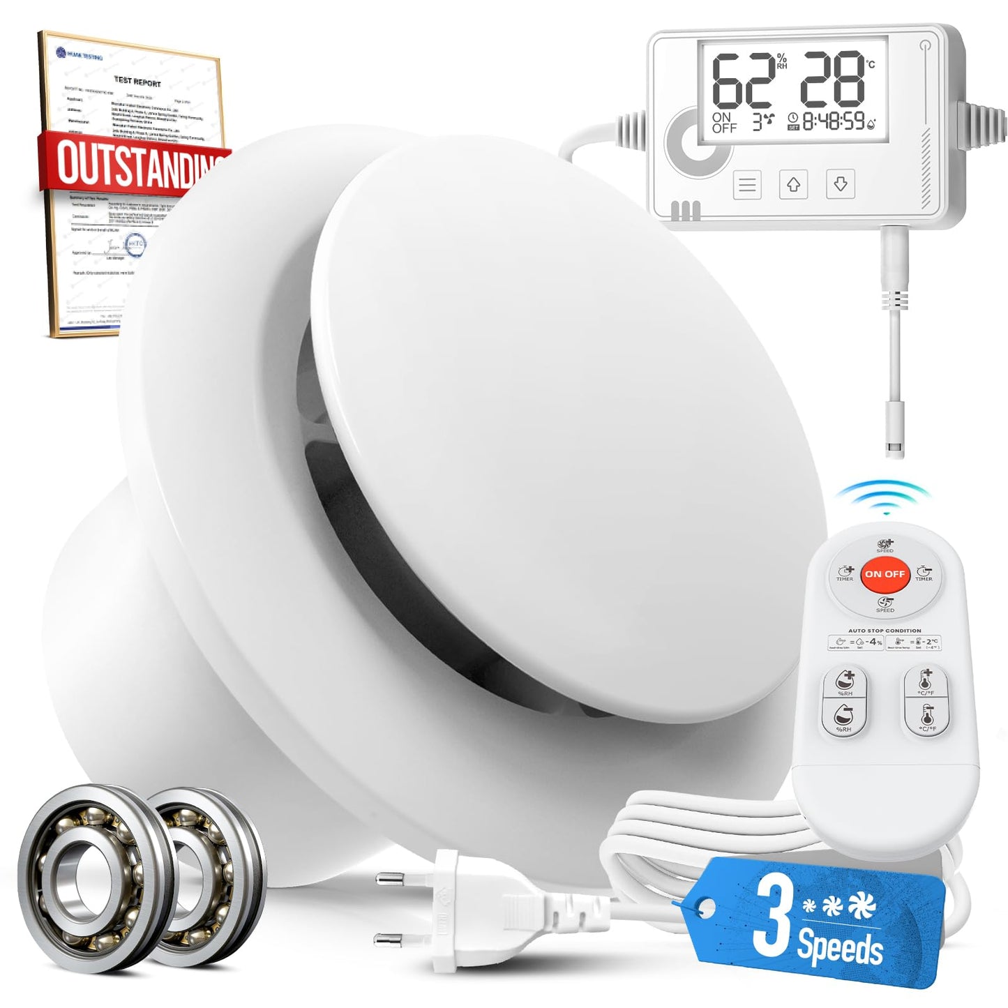 SBONNI 3 līmeņu vannas istabas ventilators ar mitruma sensoru, temperatūras sensoru, taimeri, 100mm vannas ventilators ar tālvadības pulti, reāllaika mitruma un temperatūras displejs, jaudīgs kluss nosūces ventilators P109