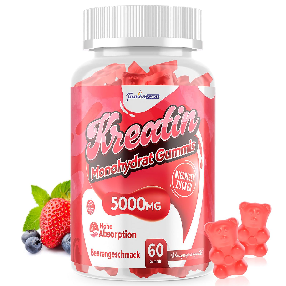 Kreatīna gumijas konfektes Truvenzara Kreatin-Gummies Komplex 5000mg vienā porcijā, 5-in-1 formula ar taurīnu un vitamīnu B6, košļājams kreatīna monohidrāts vīriešiem un sievietēm, ogu garša, vegānas, 60 gab. (1 iepakojums)