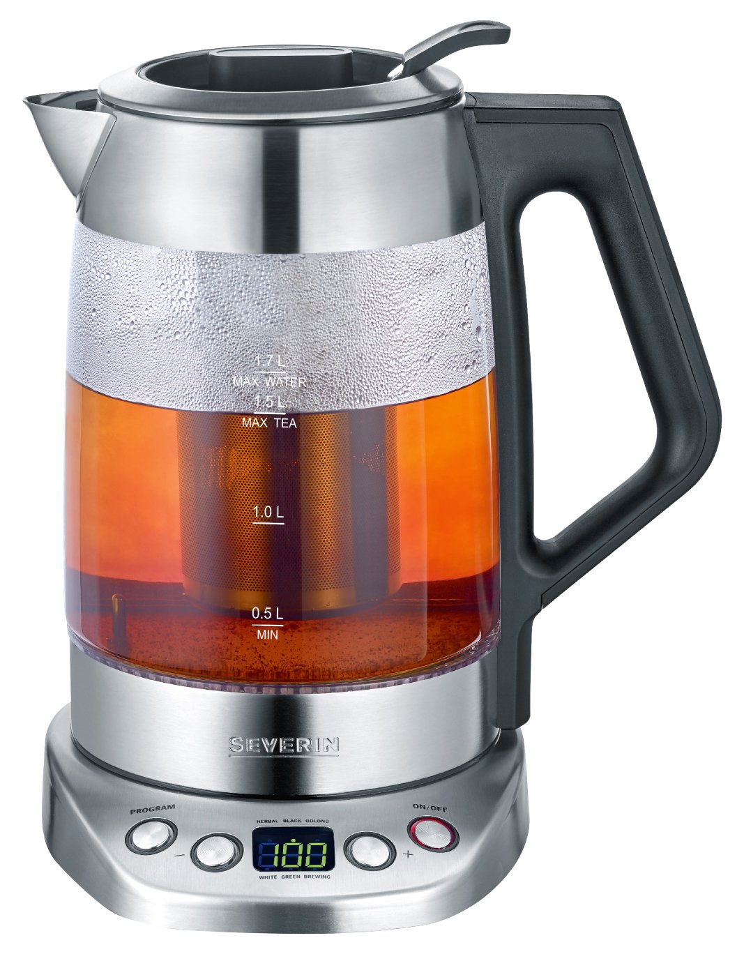 Severin WK 3479 - Deluxe digital glass kettle, 3000W, 1.7L, matte stainless steel, Easy Select function.