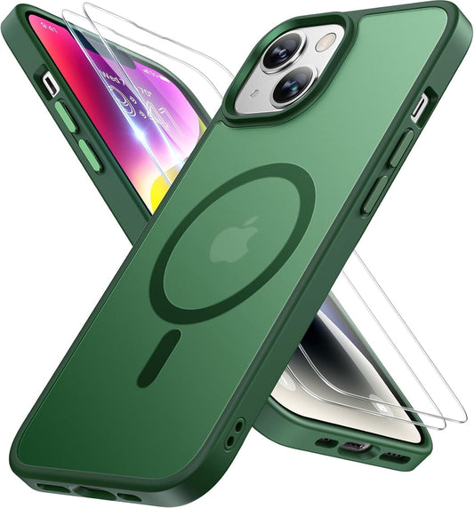 iPhone 14 (6,1 Zoll) magnētiskais aizsargvāciņš Miracase ar MagSafe saderību, 2 ekrāna aizsargstikliņiem, militāra līmeņa aizsardzību, pret pirkstu nospiedumiem, caurspīdīgs matēts tumši zaļš