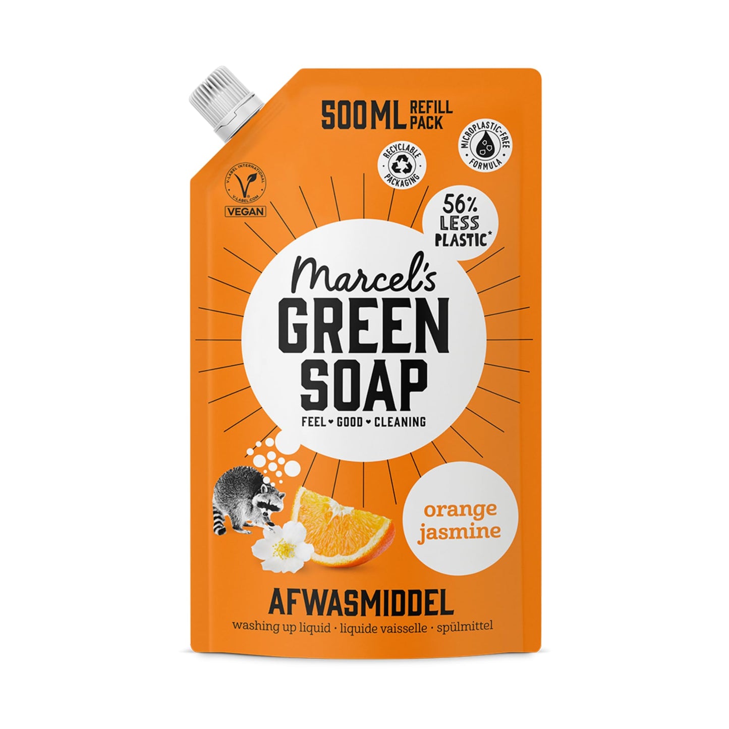 Trauku mazgāšanas līdzeklis Marcel's Green Soap Orange & Jasmin - uzpildes maisiņš - mikroplastmasu nesaturoša formula - vegāns - 500 ml