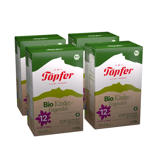 Bio bērnu piena maisījums Töpfer 4, no 12. mēneša, ar Bio-GOS, 4 bifidokultūrām, ARA un DHA no aļģu eļļas, no Allgäu bio piena, 4x500 g