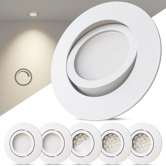 Scandinavian home LED iebūvējamie prožektori 6er Set 230V, regulējami, silti balti 3000K, 470 lm, CRI 90+, 68mm cauruma izmērs, IP44 vannas istabai, balti matēti griestu spoti