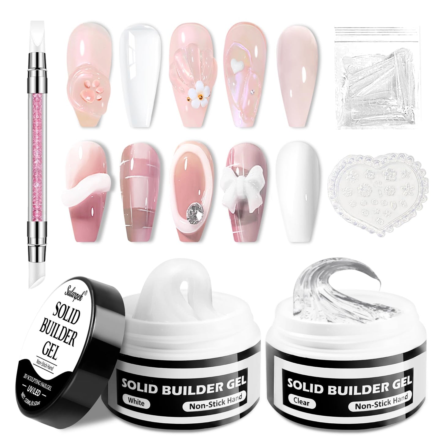Builder gelis nagiem Sularpek 2x15ml, ciets modelēšanas gels, būvējošais gels gēla nagiem, akrila gels nagiem, 3D nagu mākslai, balts/caurspīdīgs