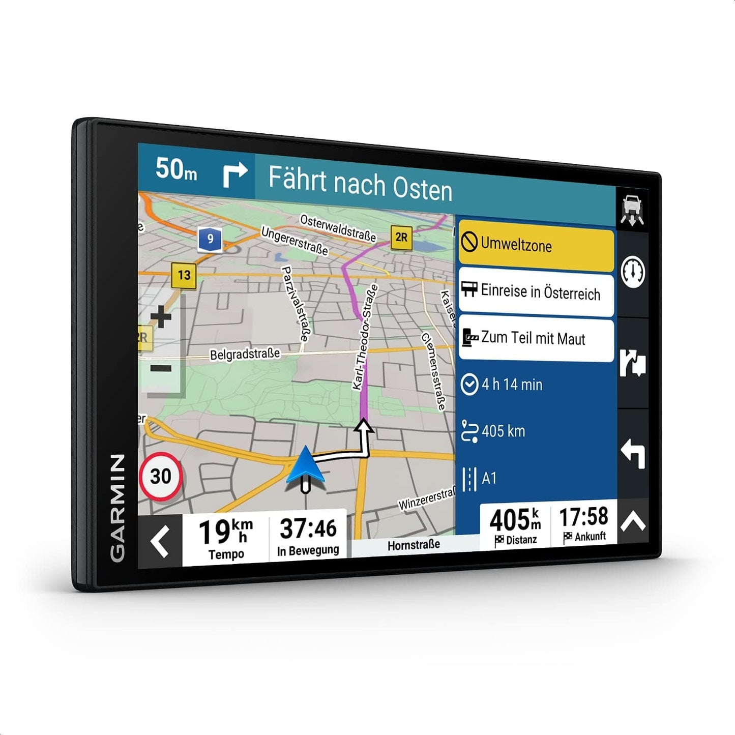 GPS navigācija auto Garmin DriveSmart 76 MT-S ar lielu 7 collu (17,8 cm) HD displeju, 3D Eiropas kartēm ar vides zonām, satiksmes informāciju reāllaikā caur Garmin Drive App, balss un vadītāja palīgsistēmu