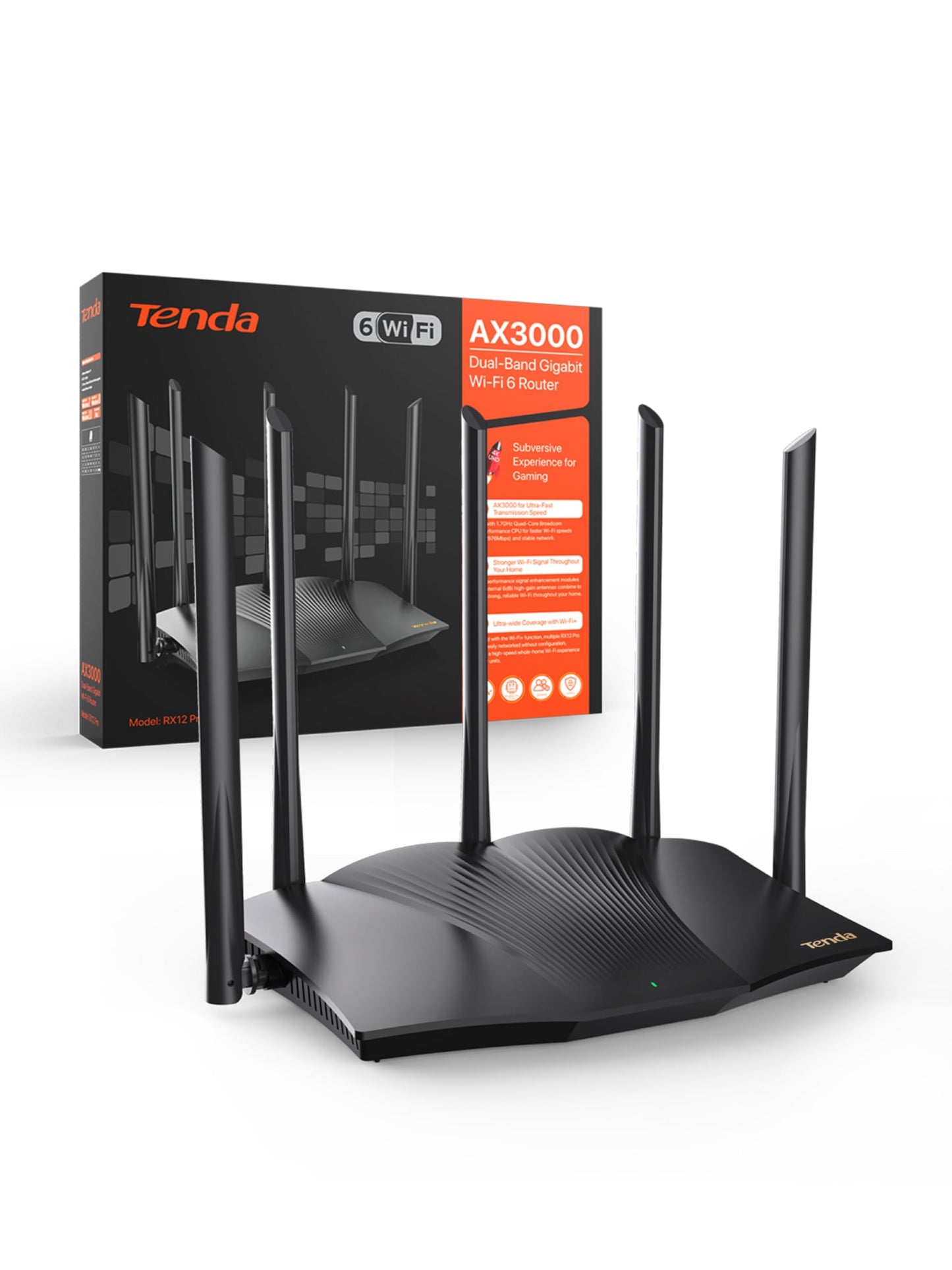 Tenda RX12 Pro Wi-Fi 6 WLAN maršrutētājs (AX3000 divjoslu 5GHz: 2402Mbps + 2,4 GHz: 574Mbps) 5*6dBi augstas jaudas antenas, Gigabit-LAN/WAN ports, WPA3, MU-MIMO + OFDMA, WiFi + Mesh, VPN, lietotne, bez DSL funkcijas, melns