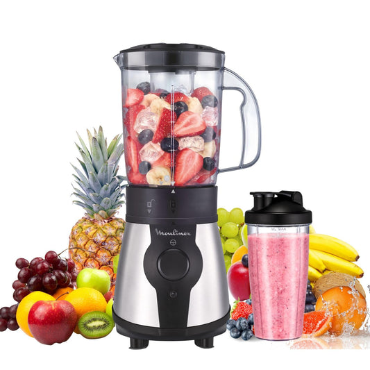 Moulinex Blend&Go LM1B1D - 300W smoothie mixer with 750ml plastic jug, portable bottle, and 4 removable stainless steel blades.