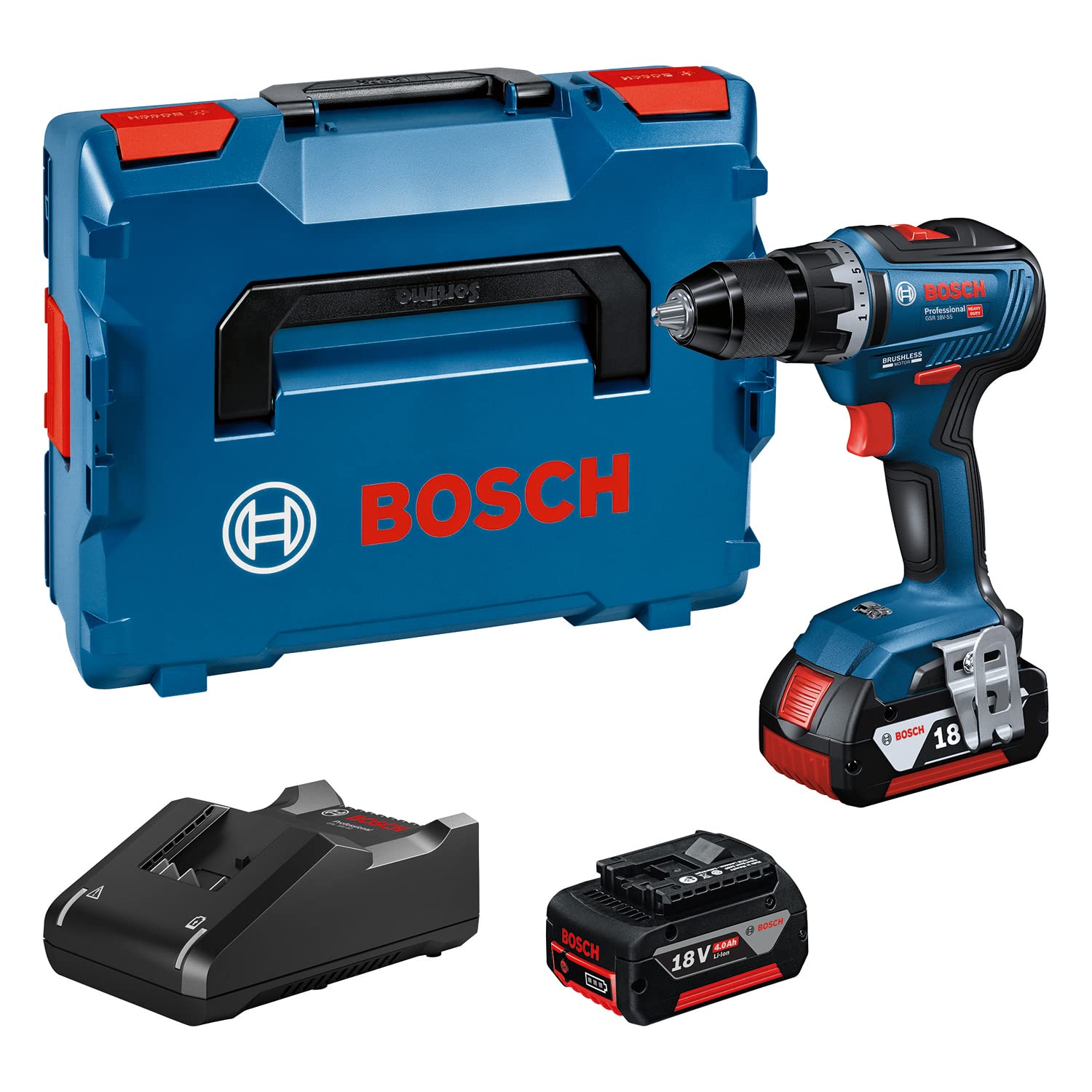 Bosch Professional 18V akumulatora urbjmašīna GSR 18V-55 - 55 Nm griezes moments, 1.800 min⁻¹, 2x 4.0Ah akumulators, ātrā lādētājs.