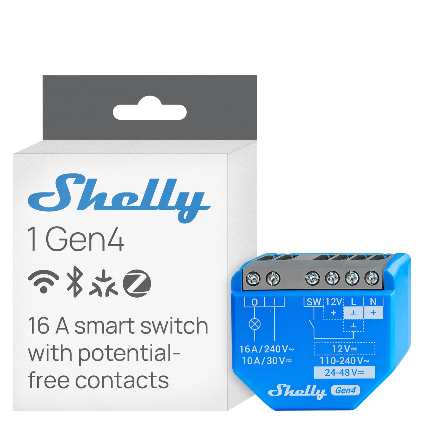Shelly 1 Gen4 Wi-Fi viedais relejs slēdzis ar bezpotenciālu kontaktu, 1 kanāls, 16A, Matter, Zigbee, Alexa un Google, bez hub