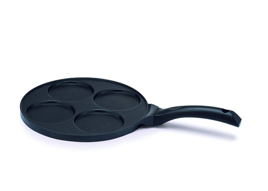Kitchen Fun 13878264 blinispanna - Black aluminum crepe pan with non-stick surface and ergonomic handle.