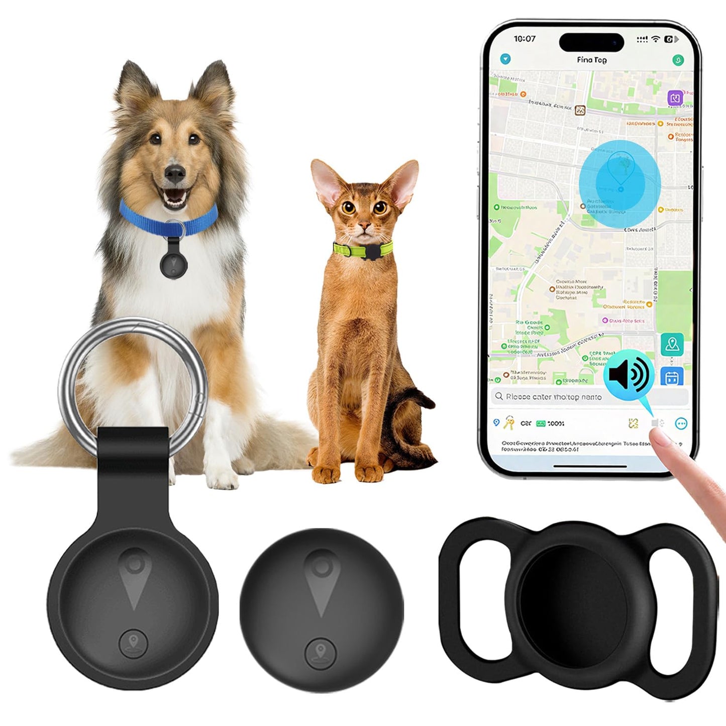 GPS izsekotājs kaķim, saderīgs ar iOS un Android, GPS reāllaika atrašanās vietas izsekošana, kaķu kaklasiksna ar 365 dienu akumulatora darbības laiku, ūdensizturīgs GPS izsekotājs kaķiem, melns