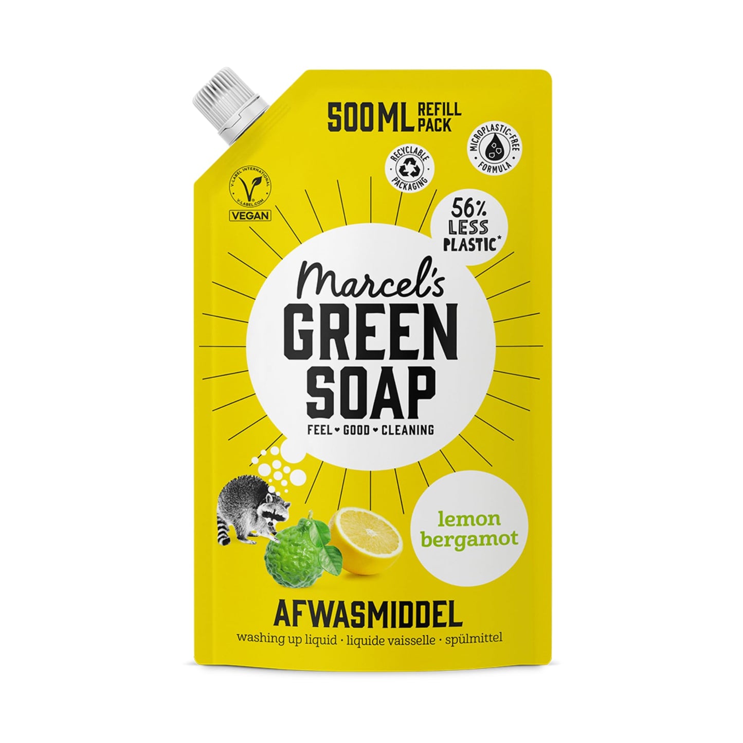 Trauku mazgāšanas līdzeklis Marcel's Green Soap Citronu & Bergamotes - uzpildes maisiņš - mikroplastmasu nesaturoša formula - vegāns - 500 ml