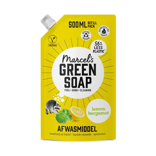 Trauku mazgāšanas līdzeklis Marcel's Green Soap Citronu & Bergamotes - uzpildes maisiņš - mikroplastmasu nesaturoša formula - vegāns - 500 ml