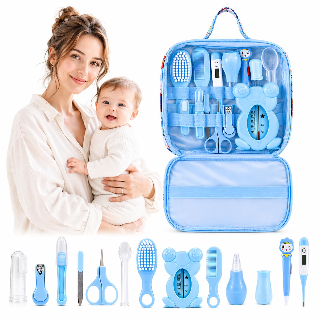 Bērnu kopšanas komplekts jaundzimušajiem, 13 daļu baby care set ar suku, termometru un nagu kopšanas piederumiem, zils