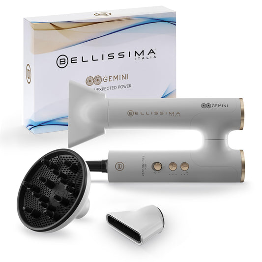 Bellissima Gemini matu fēns, ultrviegls, kompakts, rotējoša rokturis, digitālais motors, ultraspēcīga gaisa plūsma, jonu ģenerators, 2 koncentratori + difuzors, 3 ātrumi + 3 temperatūras