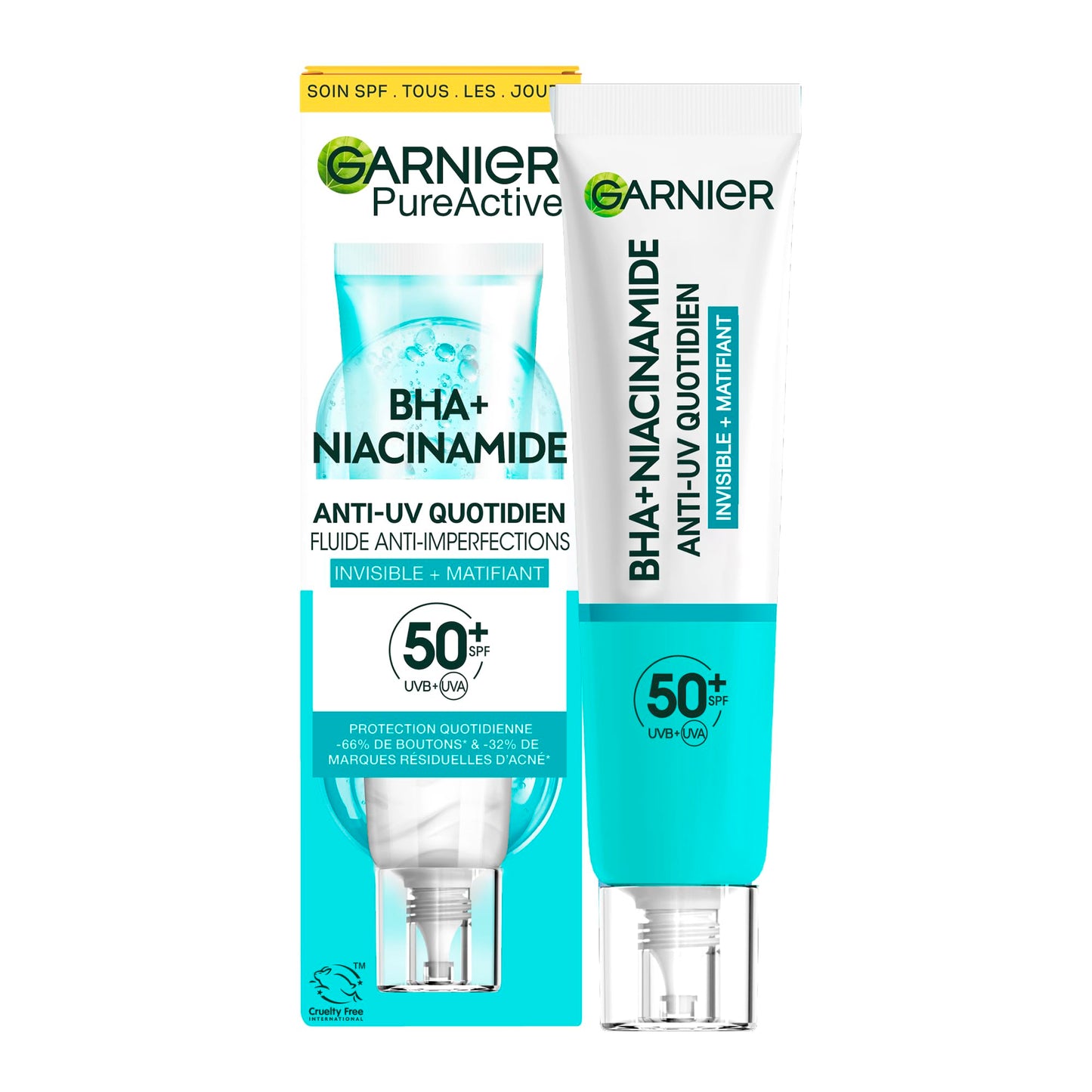 Sejas fluids pret pinnēm Garnier Anti-Unreinheiten Invisible + Matt ar SPF 50+, augsta UV aizsardzība un ādas nepilnību mazināšana, Hautklar BHA + Niacinamid Daily-UV, 40 ml