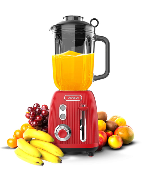 Cecotec Retro Power Black Titanium Mixer - 1200W, 2 speeds, 4-blade black titanium, 1.5L jug, vintage red design.