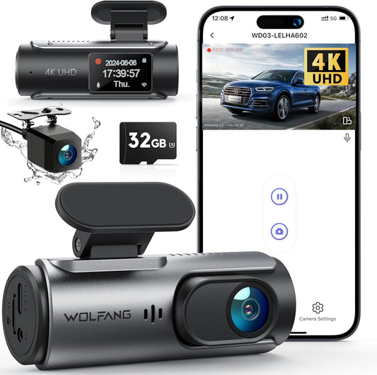 WOLFANG dashcam automašīnai priekšā un aizmugurē 4K WiFi dash cam ar 32GB SD karti, ultra nakts redzamība, 170° platleņķis, WDR, 24 stundu stāvēšanas režīms, G sensors, cikla ieraksts