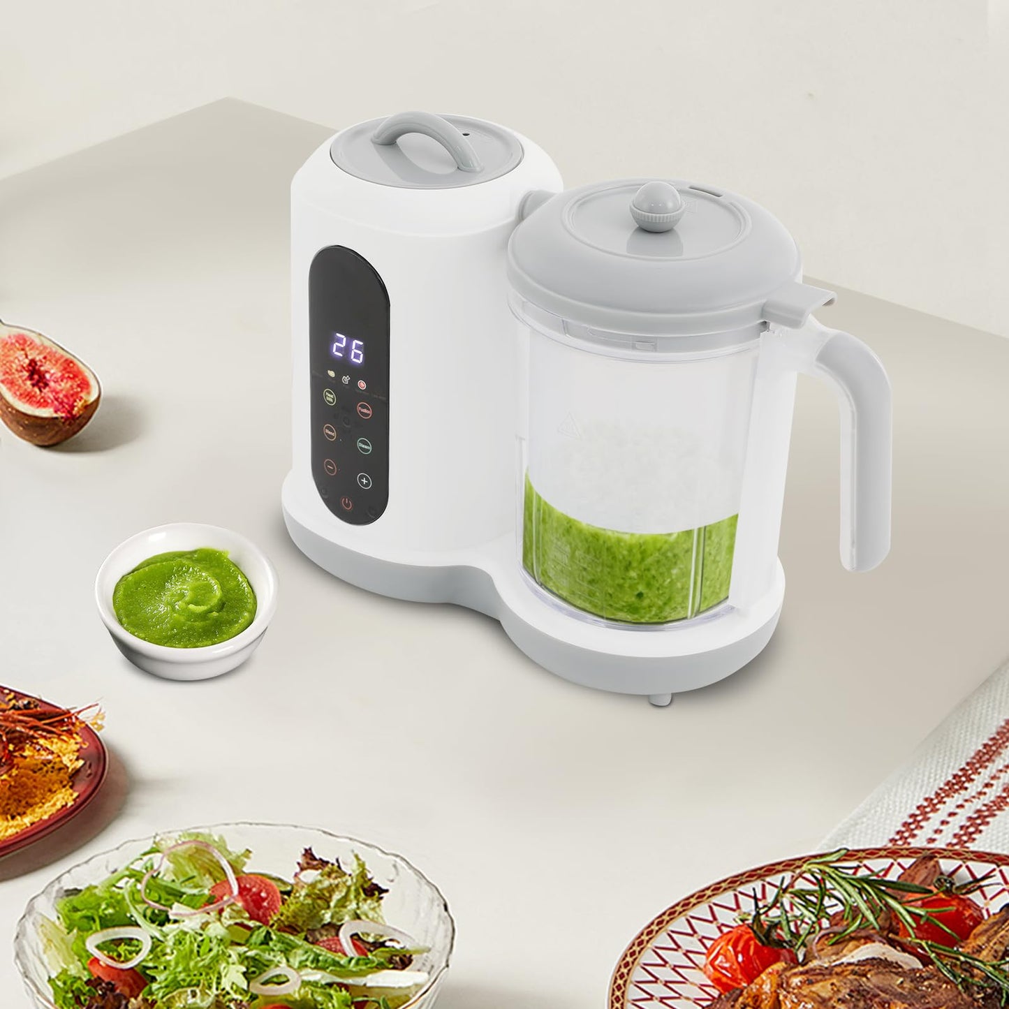 Zīdaiņu pārtikas pagatavotājs ar tvaika grozu 450W, tvaicētājs, blenderis un sildīšana vienā ierīcē, 400ml ietilpība, abybrei pagatavotājs ar pašattīrīšanās funkciju, dārzeņiem, augļiem, gaļai