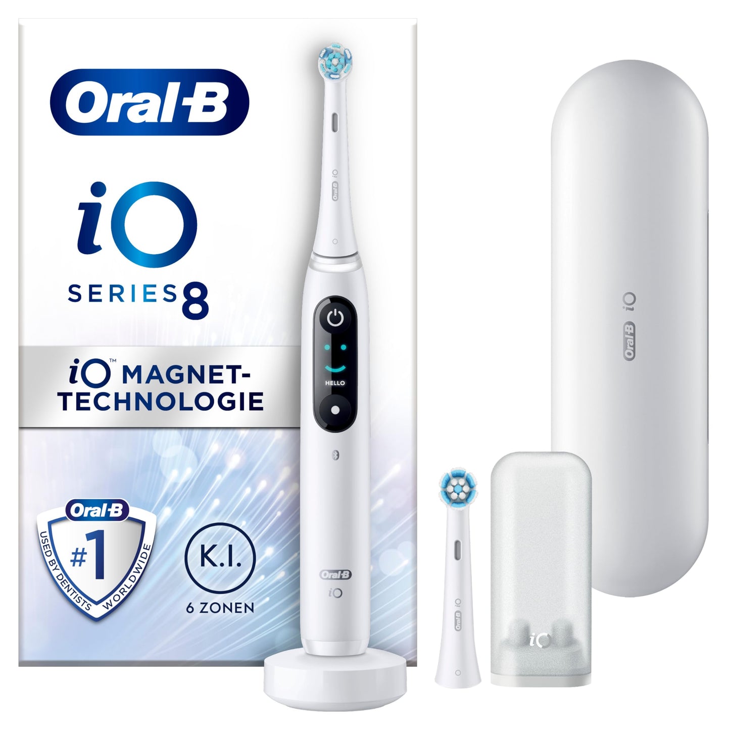 Oral-B iO Series 8 elektriskā zobu birste, 2 uzgaļi, 6 tīrīšanas režīmi, displejs un ceļojumu futrālis, white alabaster