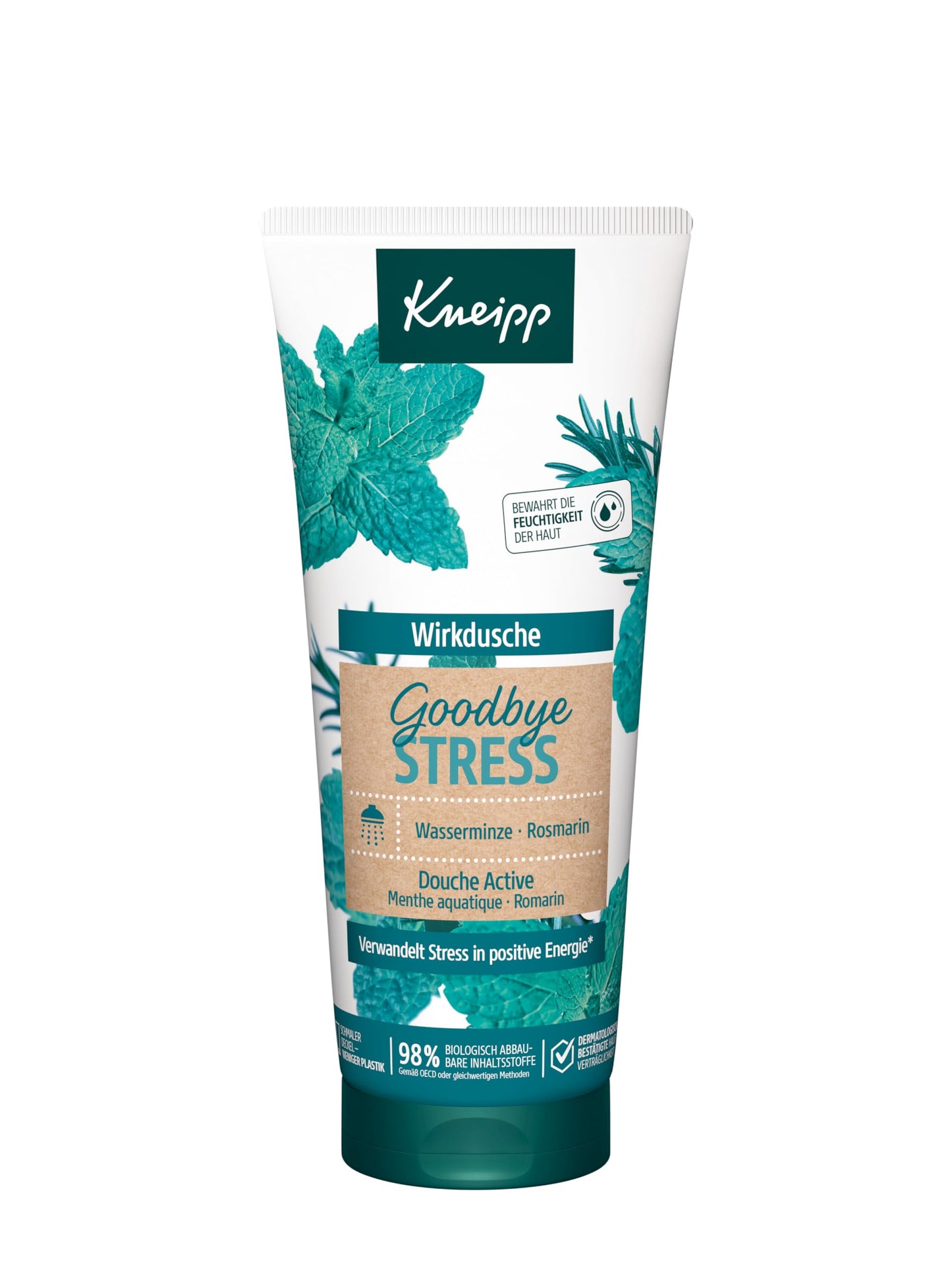 Dušas želeja Kneipp Goodbye Stress ar ēteriskajām eļļām no rozmarīna un ūdens piparmētras, mitrinoša, vegāna, 200 ml