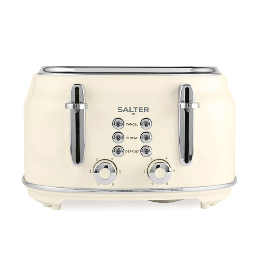 Salter Retro tosteris 4 šķēles – plata atveres, 6 brūnināšanas pakāpes, atkausēšana, uzsildīšana, pārtraukšanas funkcijas, izņemama drupaču atvilktne, pašcentrēšana, 1630 W, krēms, EK5739CRMVDE