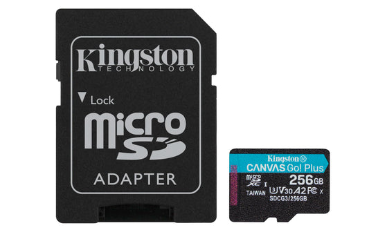 Kingston Canvas Go! Plus microSD atmiņas karte klase 10, UHS-I 256GB microSDXC 170R A2 U3 V30 atmiņas karte + adapteris