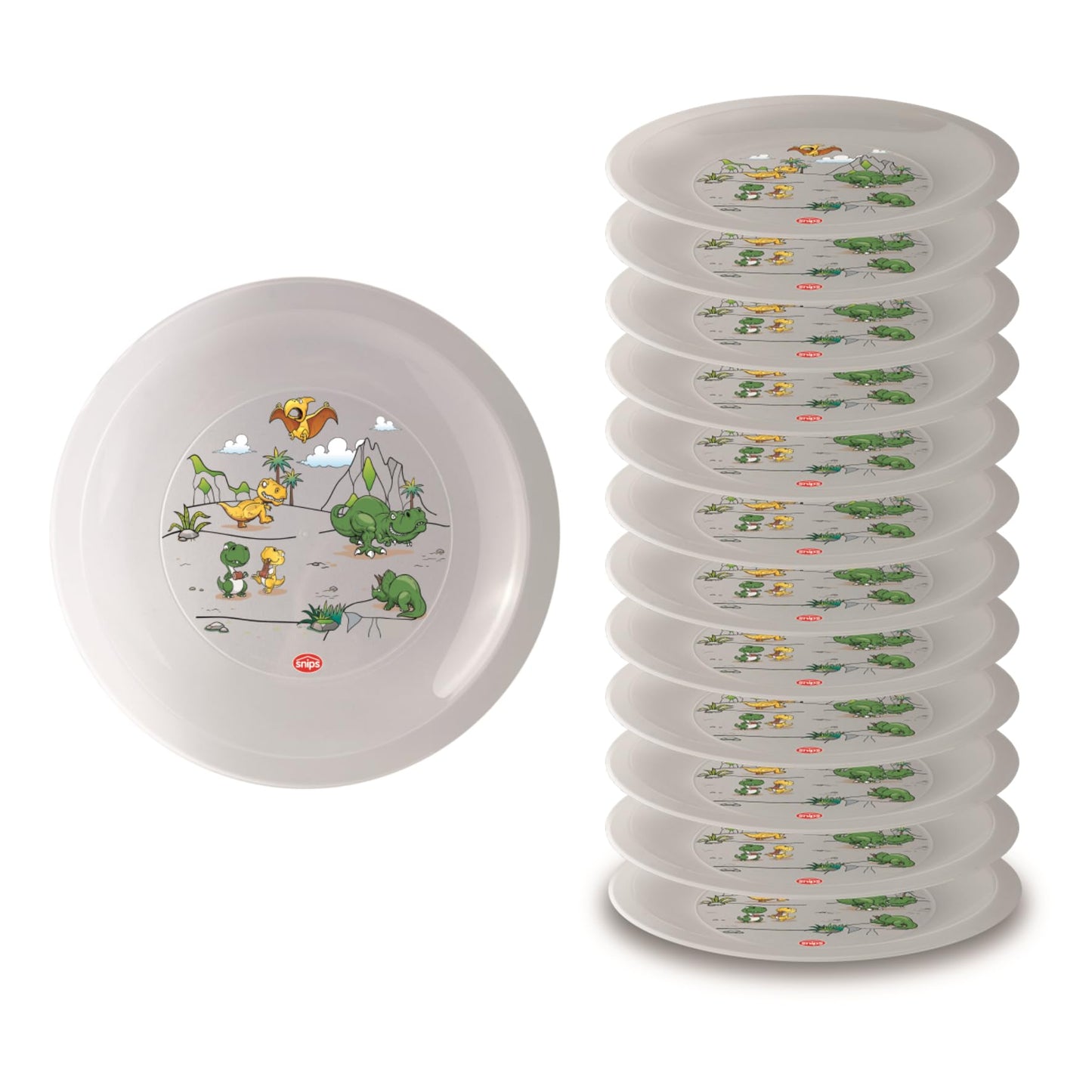Snips, komplekts ar 12 mazgājamiem cietplastmasas šķīvjiem, atkārtoti lietojami plastmasas šķīvji, dekoratīvi dinozauri, Ø 23,5 cm, ražots Itālijā.