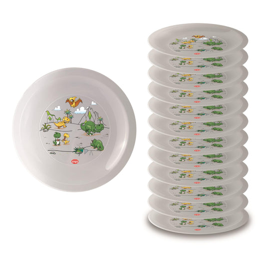 Snips, komplekts ar 12 mazgājamiem cietplastmasas šķīvjiem, atkārtoti lietojami plastmasas šķīvji, dekoratīvi dinozauri, Ø 23,5 cm, ražots Itālijā.