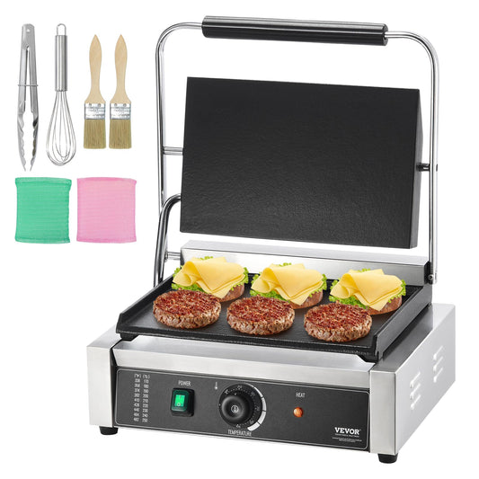 VEVOR komerciālais Panini grils, 2200 W elektriskais sviestmaizes Panini veidotājs, nerūsējošā tērauda sviestmaizes preses grils, Panini grils ar temperatūras regulēšanu un 36 x 23 cm liela, plakana emaljas plāksne.