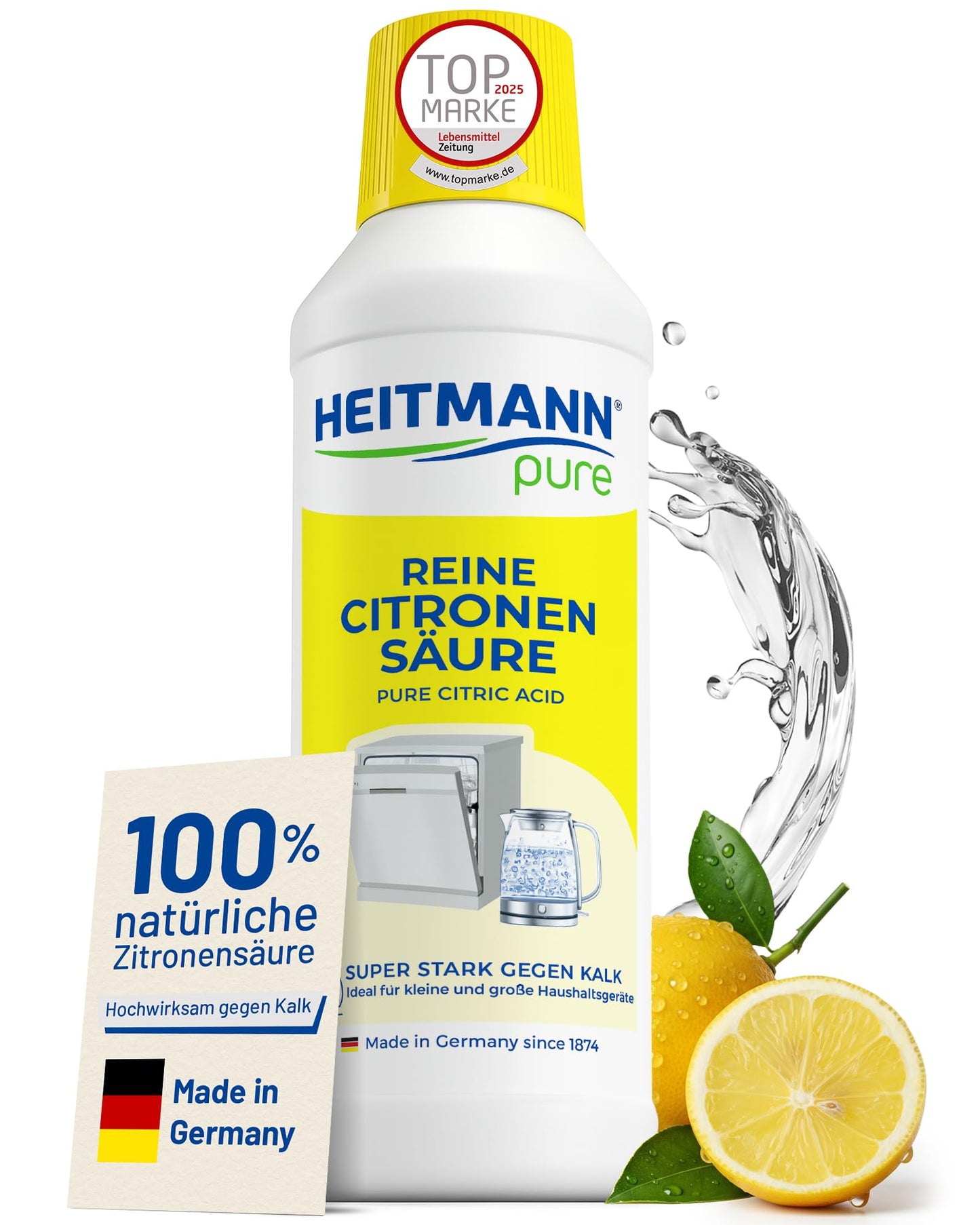 Kaļķakmens noņēmējs HEITMANN pure Reine Citronensäure 500 ml | efektīvs kaļķa noņēmējs virtuvei un vannasistabai | 100% dabīga citronskābe | atkaļķotājs kafijas automātam, tējkannai un veļas mašīnai | pārtikai droša
