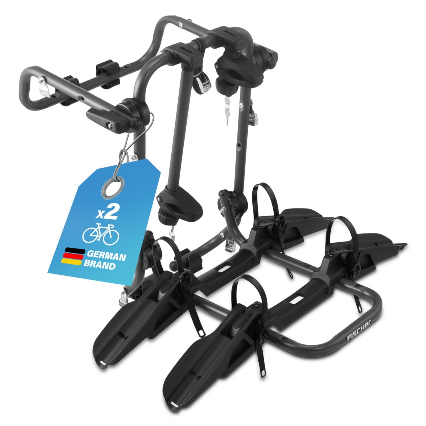 Aizmugures velosipēdu turētājs FISCHER tērauda 2 velosipēdiem, e-velosipēdiem, 45kg, salokāms, ar atslēdzamu rāmja turētāju