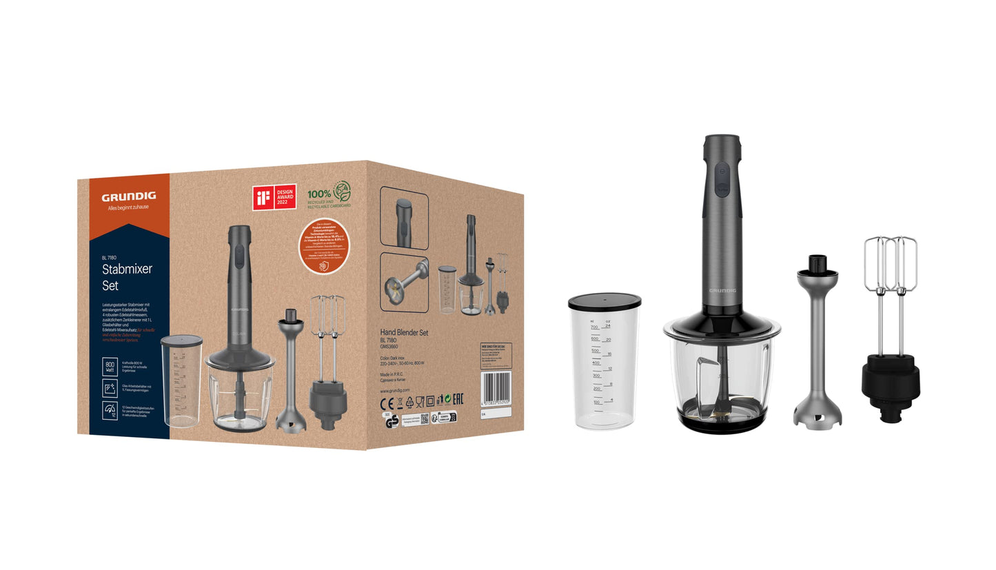 GRUNDIG Delisia Novus BL 7180 rokas blendera komplekts, daudzfunkcionāls smalcinātājs ar 4 asmeņiem no nerūsējošā tērauda ar cirkonija pārklājumu, 800 W jauda, 12 ātrumu līmeņi + turbo režīms, 1l stikla trauks, melns