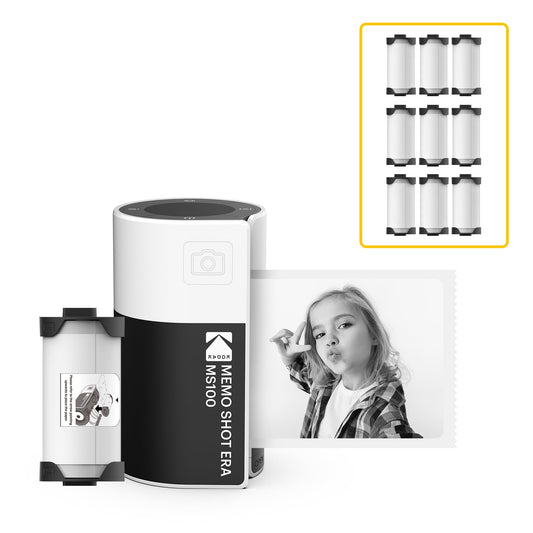 KODAK Memo Shot ERA - bērnu tūlītējā fotokamera ar 1 ruļļa etiķešu kasetni un 9 ruļļu komplektu, balta.