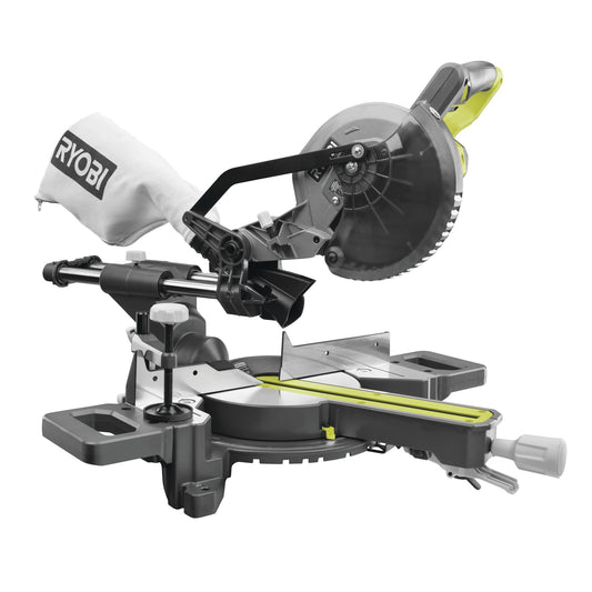 RYOBI 18V ONE+ akumulatora kap-/leņķzāģis RMS18190-0 - 190mm zāģa asmens, 3600min⁻¹, 47° griešanas leņķis, bez akumulatora.