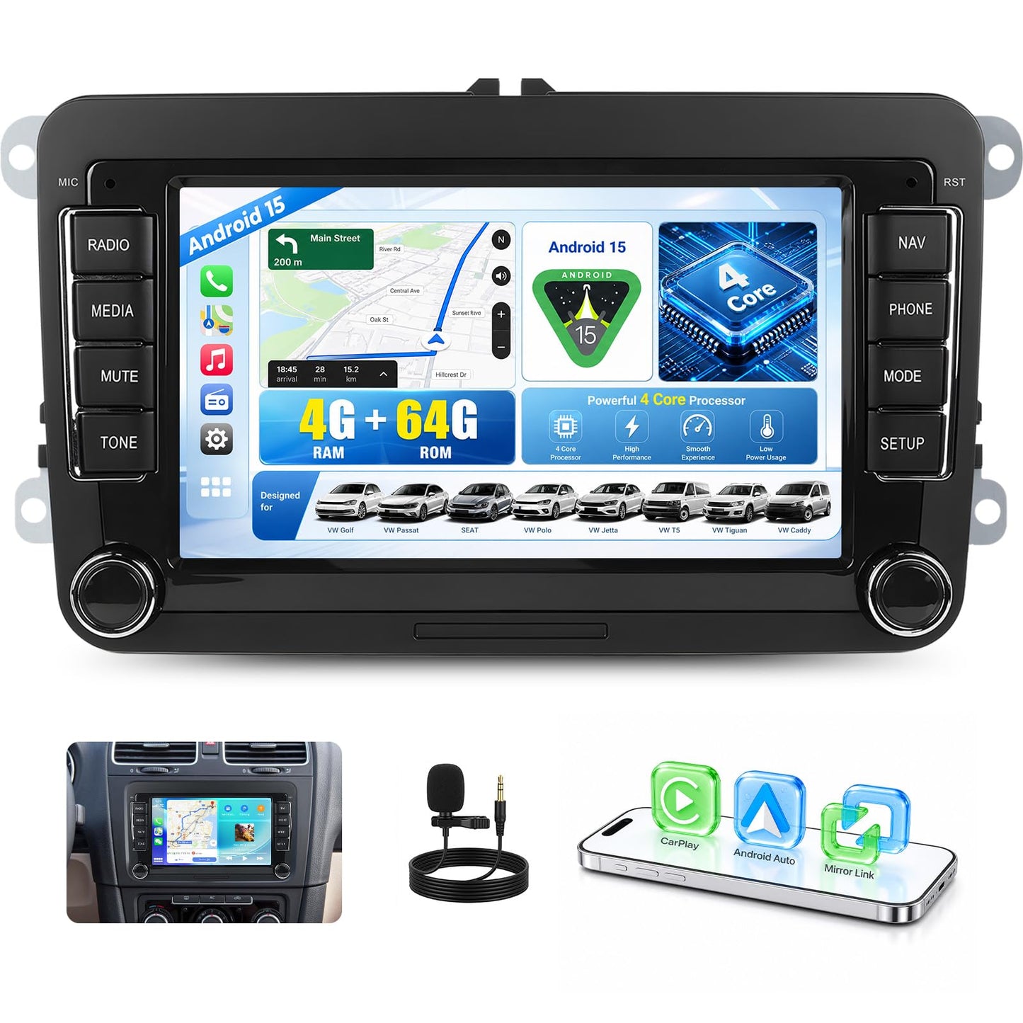 Automaģistrādes multimediju sistēma OiLiehu 4G+64G Android 15 VW Golf Passat Seat Polo Jetta T5 Tiguan Caddy, CarPlay Android Auto, 7" ekrāns, Bluetooth, FM RDS, GPS, WiFi, SWC, EQ, atpakaļskata kamera