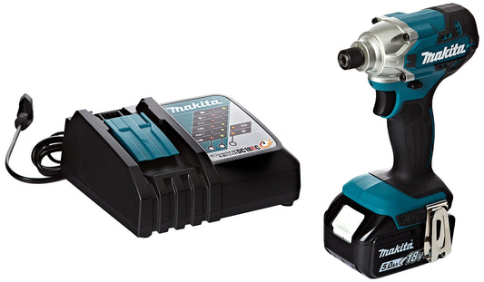 MAKITA DTD156RT1J - 18V LXT impact driver, 5Ah battery, 155Nm torque, compact design for efficient fastening.