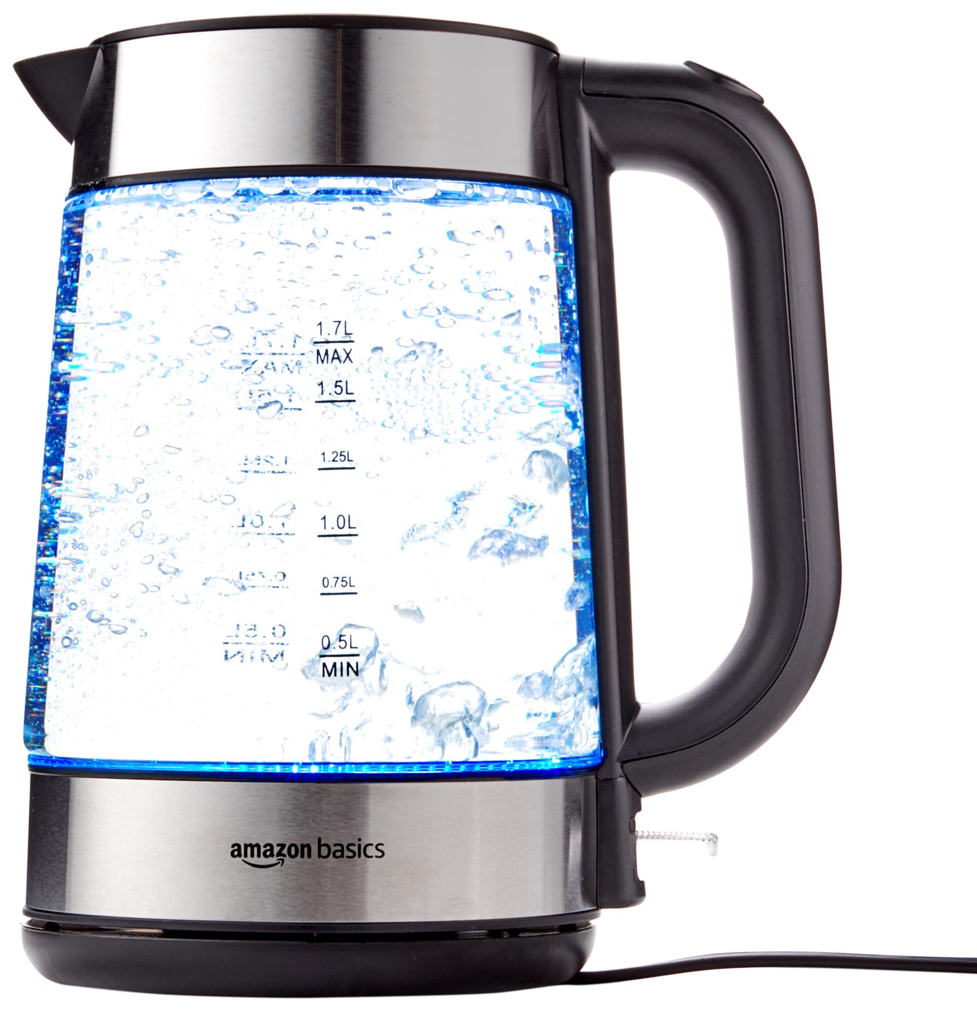 Amazon Basics Elektriskā stikla tējkanna - 1,7 l, 2200 W, melna un sudraba krāsa, ātra vārīšana.