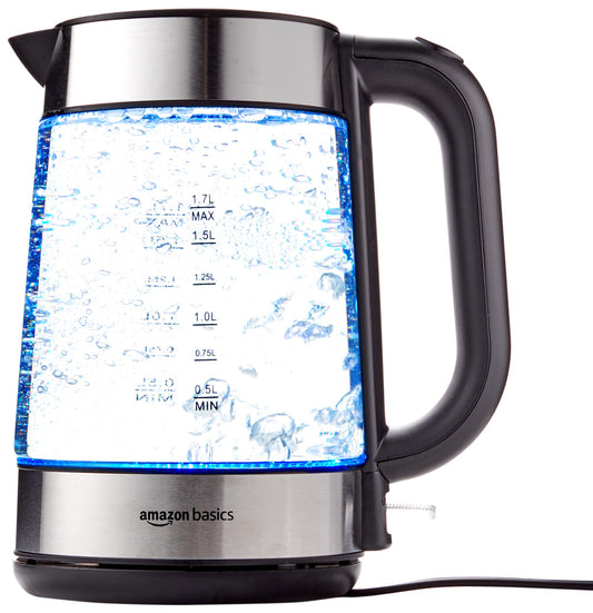 Amazon Basics Elektriskā stikla tējkanna - 1,7 l, 2200 W, melna un sudraba krāsa, ātra vārīšana.