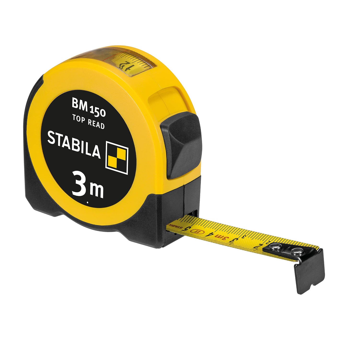 Mērlente STABILA BM 150, 3 m, ar metrisko skalu, skata lodziņu tiešai nolasīšanai, triecienizturīgu ABS korpusu, kustīgu sākuma āķi un jostas klipsi, MID precizitāte