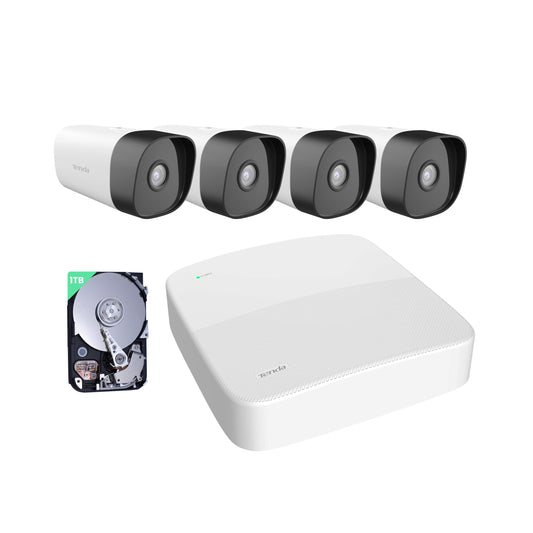 Tenda PoE uzraudzības kameru komplekts āra, 4X 4MP CCTV kamera āra + 1TB HDD + NVR (atbalsta līdz 10TB) 24/7 video uzraudzībai, PoE IP kamera ar AI cilvēku atpazīšanu, nakts redzamība, K4P-4TR-1T