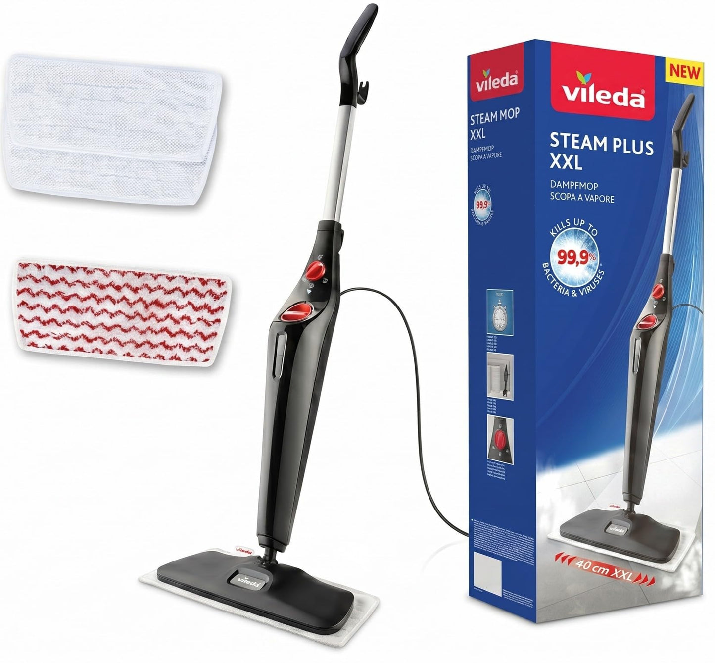 Tvaika tīrītājs Vileda Steam Plus XXL grīdām un paklājiem, PowerPad, 2 mikrošķiedras pārvalki, 40 cm tīrīšanas plate, uzsildīšanās 15 sek., Comfort-Pack