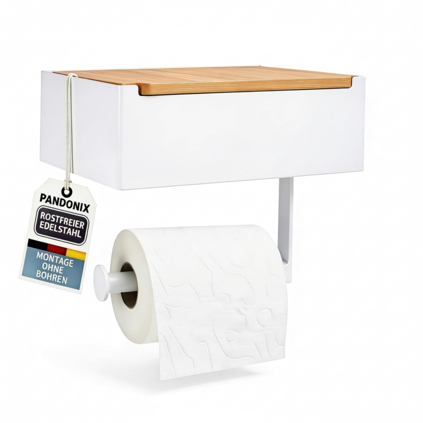 Tualetes papīra turētājs Pandonix® ar mitro salvešu kasti, nerūsējošais tērauds un bambuss, tualetes papīra turētājs bez urbšanas, balts, klopapierhalter mit feuchttücherbox