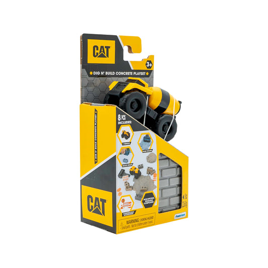 CAT Dig N' Build - Concrete playset with 230g concrete mix, kinetic sand, and construction toys for ages 3+.