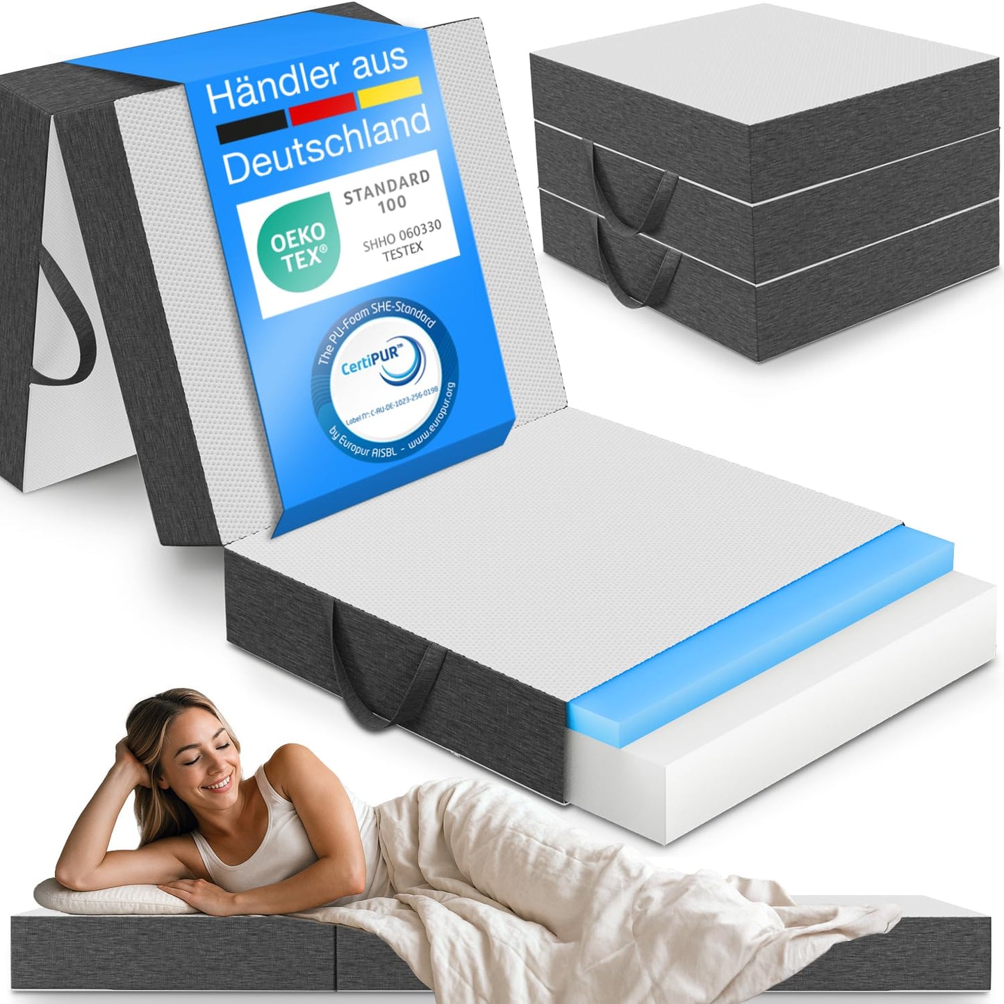 ELONEO Premium Visco salokāmais matracis 90x200 cm, īpaši augsts 15 cm, viesu matracis salokāms, salokāms matracis, salokāma matracis, starpskriemeļu disks kubs, ceļojumu matracis, salokāma viesu gulta, mazgājams salokāmais gultas matracis