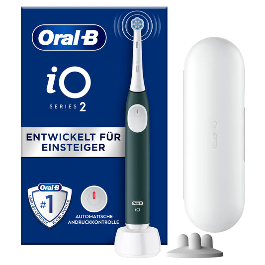 Oral-B iO Series 2 elektriskā zobu birste, 1 uzlikama birste, 3 tīrīšanas režīmi zobu kopšanai, magnēta tehnoloģija, ceļojuma maciņš, uzlikamo birstu turētājs, izstrādājusi Braun, Forest Green