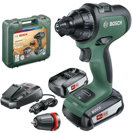 Bosch AdvancedDrill 18 - 18V cordless drill with 2x2.5Ah batteries, HMI display, and carrying case.