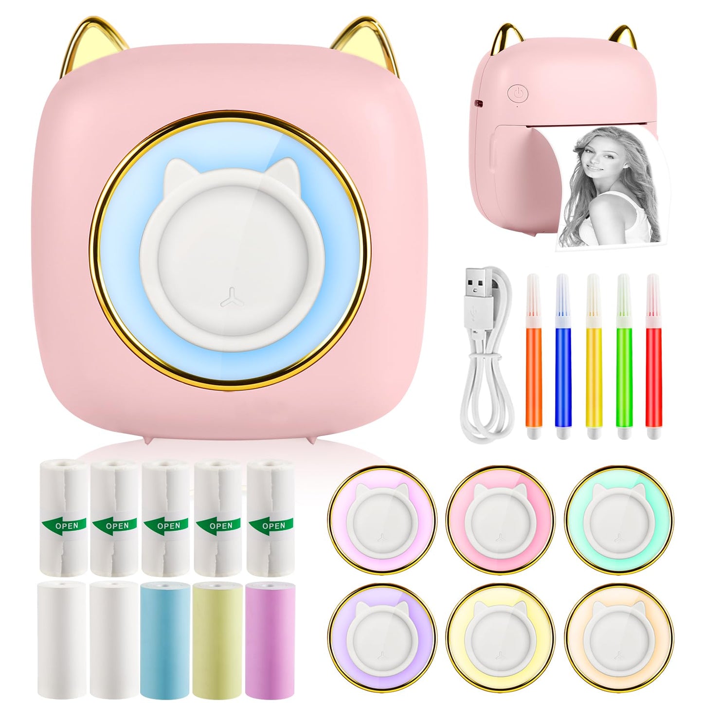 Mini printeris GuKKK, pārnēsājams foto printeris, bezvadu termoprinteris ar septiņu krāsu LED, Bluetooth viedtālruņa printeris mācībām, piezīmēm un dienasgrāmatai